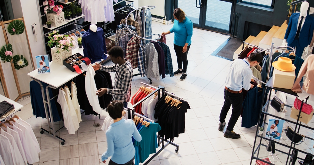 Five people shop for clothes in a well-lit boutique, browsing racks of shirts and jackets arranged neatly throughout the store, where clever marketing displays catch their attention.