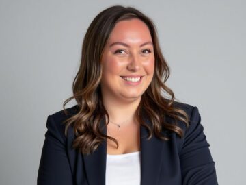 A woman with long brown hair smiles, standing with arms crossed. She is wearing a navy blazer over a white top against a plain gray background, representing the confidence of a 20 Under 40 alumni.
