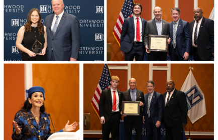 A collage of Automotive Leaders receiving certificates and a woman speaking at a podium highlights excellence at a Northwood University event.