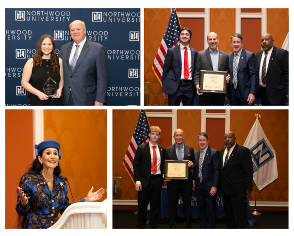 A collage of Automotive Leaders receiving certificates and a woman speaking at a podium highlights excellence at a Northwood University event.