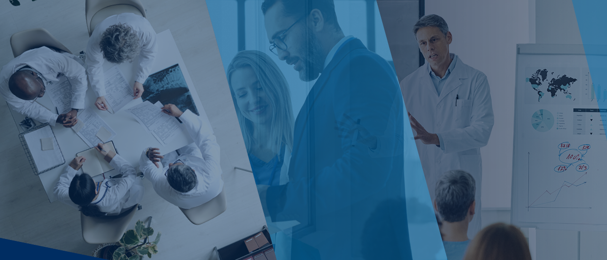 Doctors review documents at a table, business professionals discuss paperwork, and a doctor delivers Leadership Insights with charts and graphs on a flipchart.