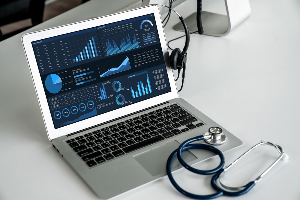 A laptop displaying various charts and graphs sits on a desk next to a stethoscope and a headset, illustrating modern health care management tools in action.