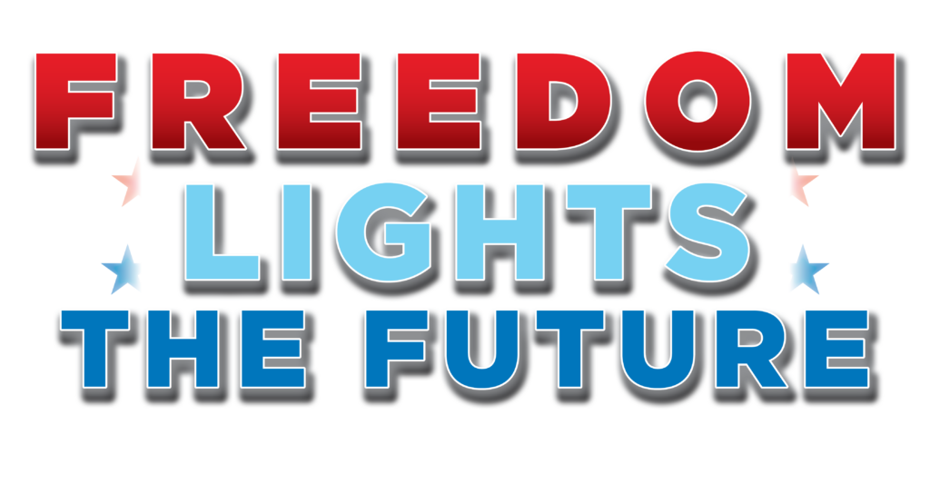 Text graphic reads: "FREEDOM LIGHTS THE FUTURE" in large, bold letters with a gradient color scheme and star accents—perfect for the Freedom Lights the Future Festival or featuring at a free rock concert.