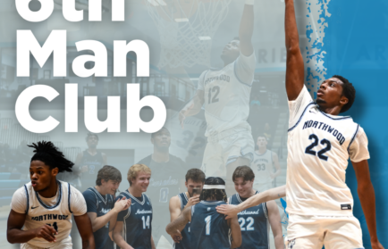 Basketball players from Northwood University are shown in action on the court, with bold text reading "6th Man Club" on a blue and white background.