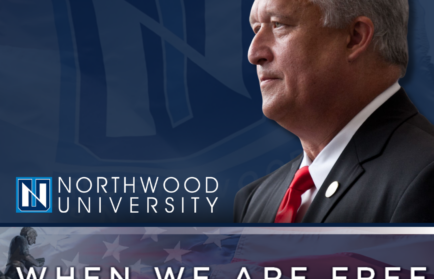Profile view of a man in a suit with Northwood University branding and text reading, "When We Are Free: The Campaign for America’s Free-Enterprise University.