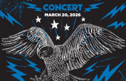 Concert poster for the Northwood indoor concert features a drawing of an eagle surrounded by stars and blue lightning bolts; text reads "Freedom Lights the Future Concert March 20, 2026. Let Freedom Rock." Free event.