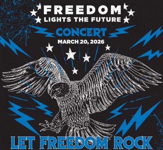 Concert poster for the Northwood indoor concert features a drawing of an eagle surrounded by stars and blue lightning bolts; text reads "Freedom Lights the Future Concert March 20, 2026. Let Freedom Rock." Free event.