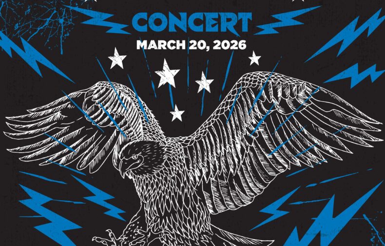 Concert poster for the Northwood indoor concert features a drawing of an eagle surrounded by stars and blue lightning bolts; text reads "Freedom Lights the Future Concert March 20, 2026. Let Freedom Rock." Free event.
