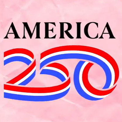Text "AMERICA 250" with "250" in red, white, and blue ribbon design on a pink background, celebrating the 250th anniversary of the United States and highlighting a future filled with freedom.