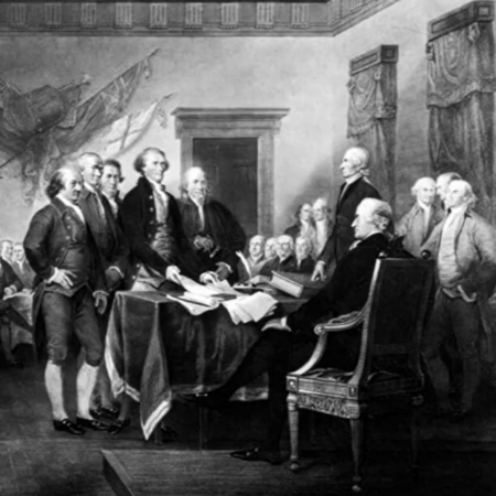 A group of men in 18th-century attire gather around a table, presenting a document to a seated figure in a formal, historic room, as rays of light stream in—symbolizing hope for freedom and a brighter future.