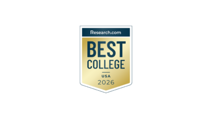 A gold and white badge with the text "Research.com Best College USA 2026" on a white background, highlighting Northwood University's Academic Rankings.