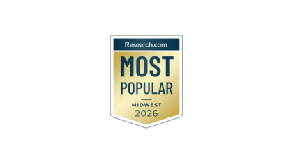 A gold and blue badge with the text "Research.com Most Popular Midwest 2026" on a white background, highlighting Northwood University's Academic Rankings.