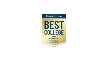 A gold and blue badge displays "Research.com Best College Midwest 2026" on a white background, highlighting Northwood University's Academic Rankings.
