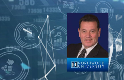 A portrait of a man in a suit with the Northwood University logo, overlaid on a digital background with various financial and business icons.