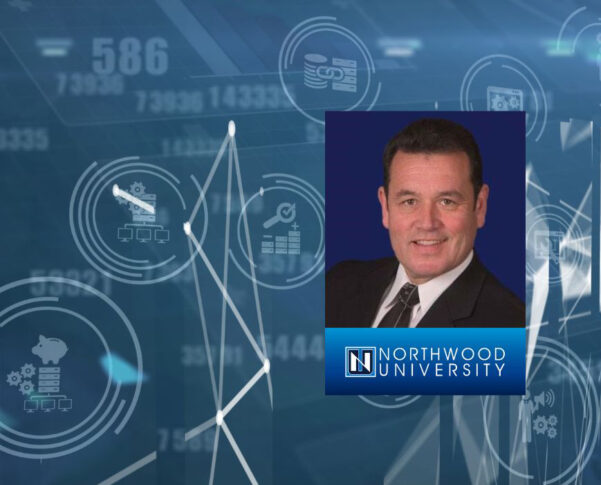 A portrait of a man in a suit with the Northwood University logo, overlaid on a digital background with various financial and business icons.