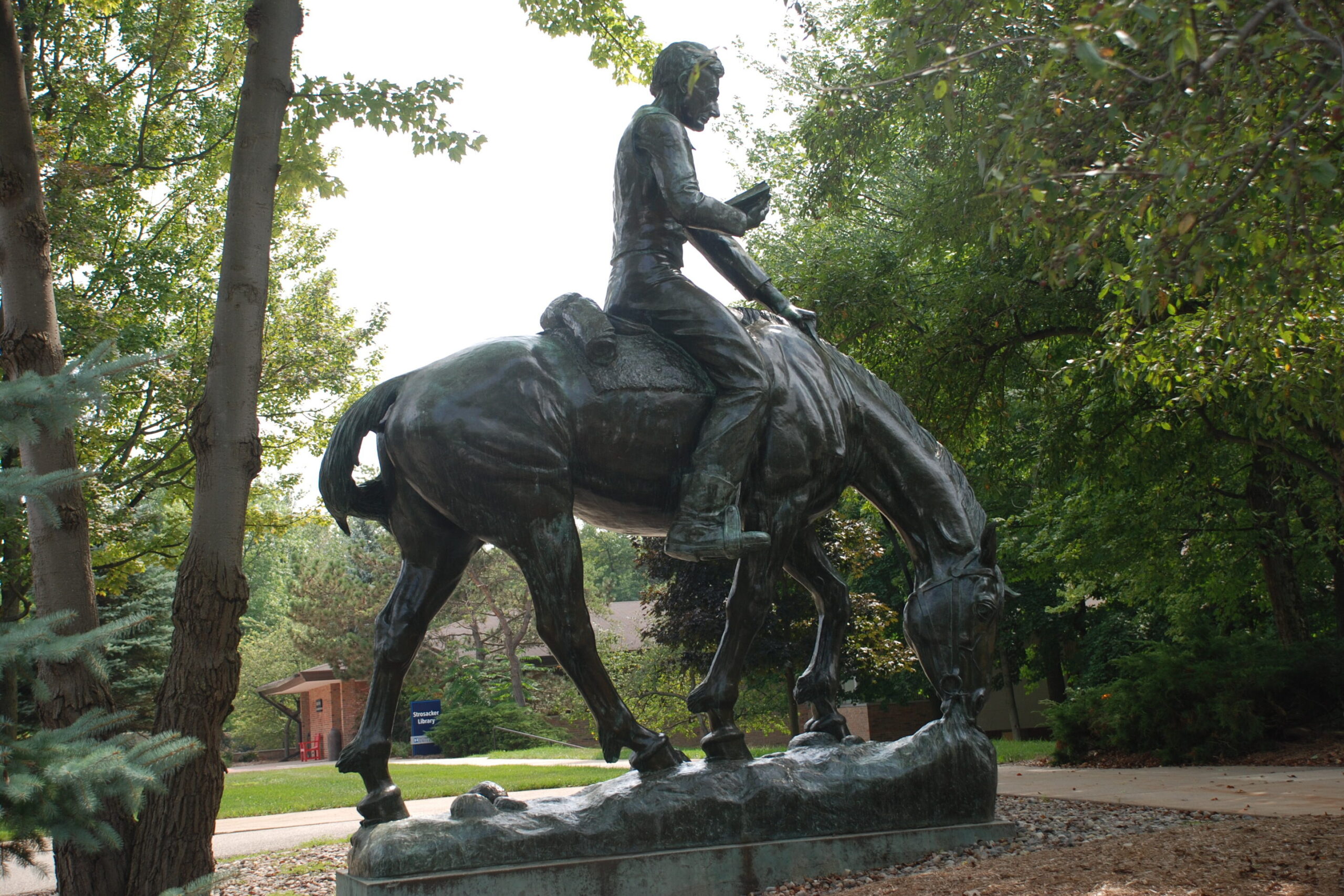 Amidst lush greenery, a bronze statue of a man embodies leadership as he reads on horseback, capturing the essence of navigating business organizations with wisdom and foresight.