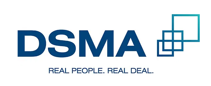 DSMA logo with overlapping square icons on the right, reflecting a university automotive vibe, and the slogan "REAL PEOPLE. REAL DEAL." written below in blue text.