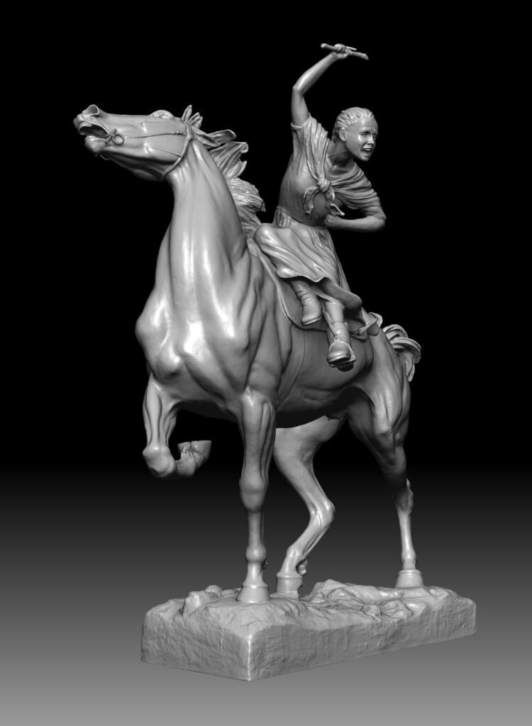 A grayscale sculpture depicts a person riding a rearing horse, with one arm raised and the other holding the reins, mounted on a rectangular base.