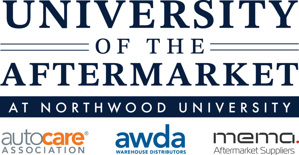 Logo for University of the Aftermarket at Northwood University, featuring logos for Auto Care Association, AWDA, and MEMA Aftermarket Suppliers—highlighting excellence in university automotive education.