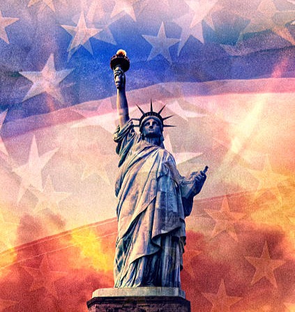 The Statue of Liberty stands in front of an overlay of the American flag with stars and stripes, under a colorful sky—an inspiring scene that offers valuable information for parents exploring American history with their children.