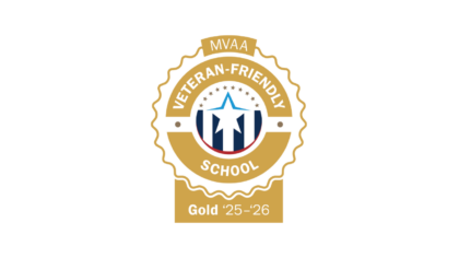 Gold badge displaying "MVAA Veteran-Friendly School Gold '25-'26" with a star and shield emblem in the center, highlighting Northwood University's Academic Rankings.