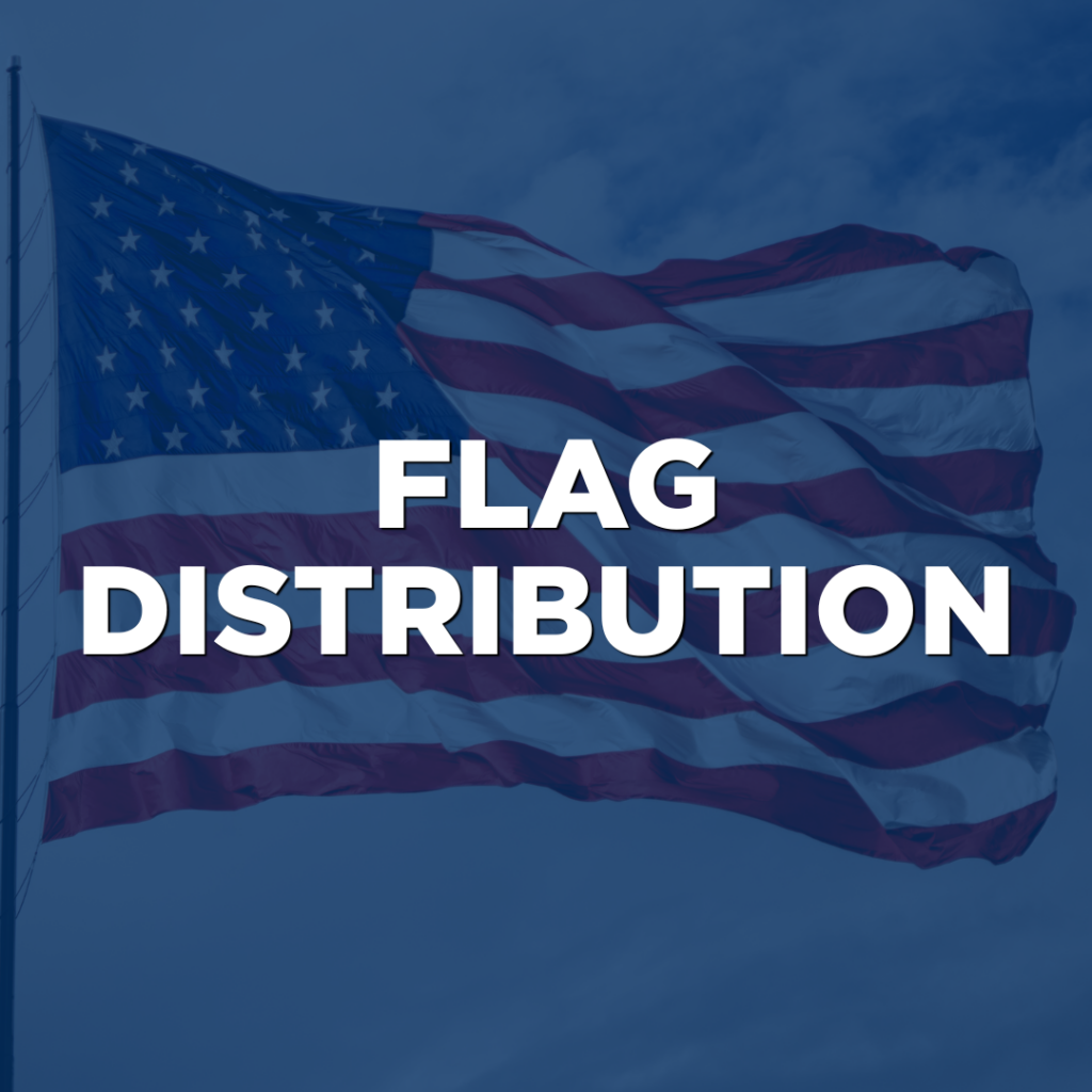 An American flag waves outdoors with the words "Flag Distribution" in bold white letters across the center, symbolizing Northwood Unity and patriotism.