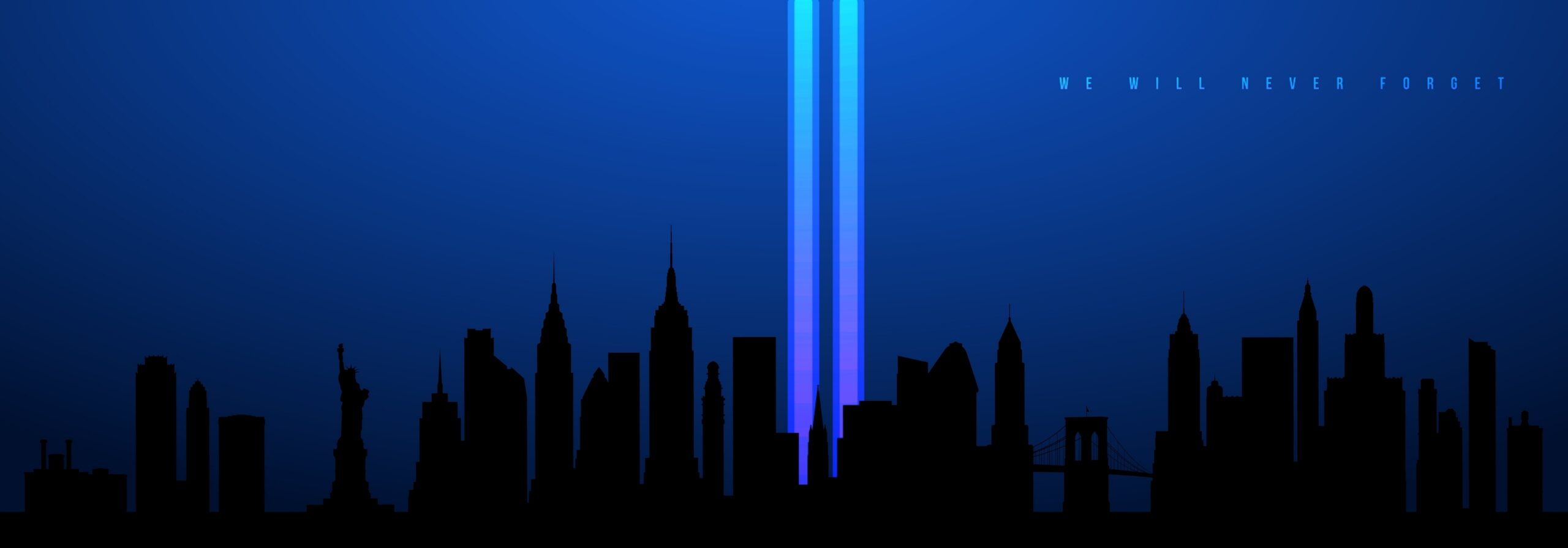Silhouette of New York City skyline at night with two vertical blue light beams and the words "We Will Never Forget" in the sky.