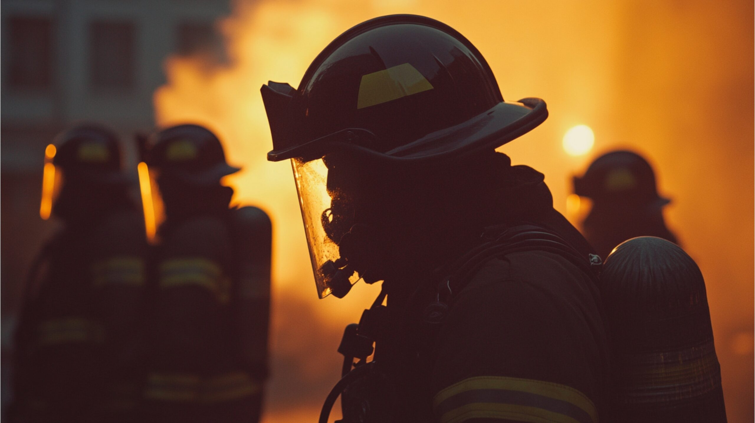 Firefighters in protective gear stand in front of bright orange flames and heavy smoke, appearing focused and ready during an emergency response.