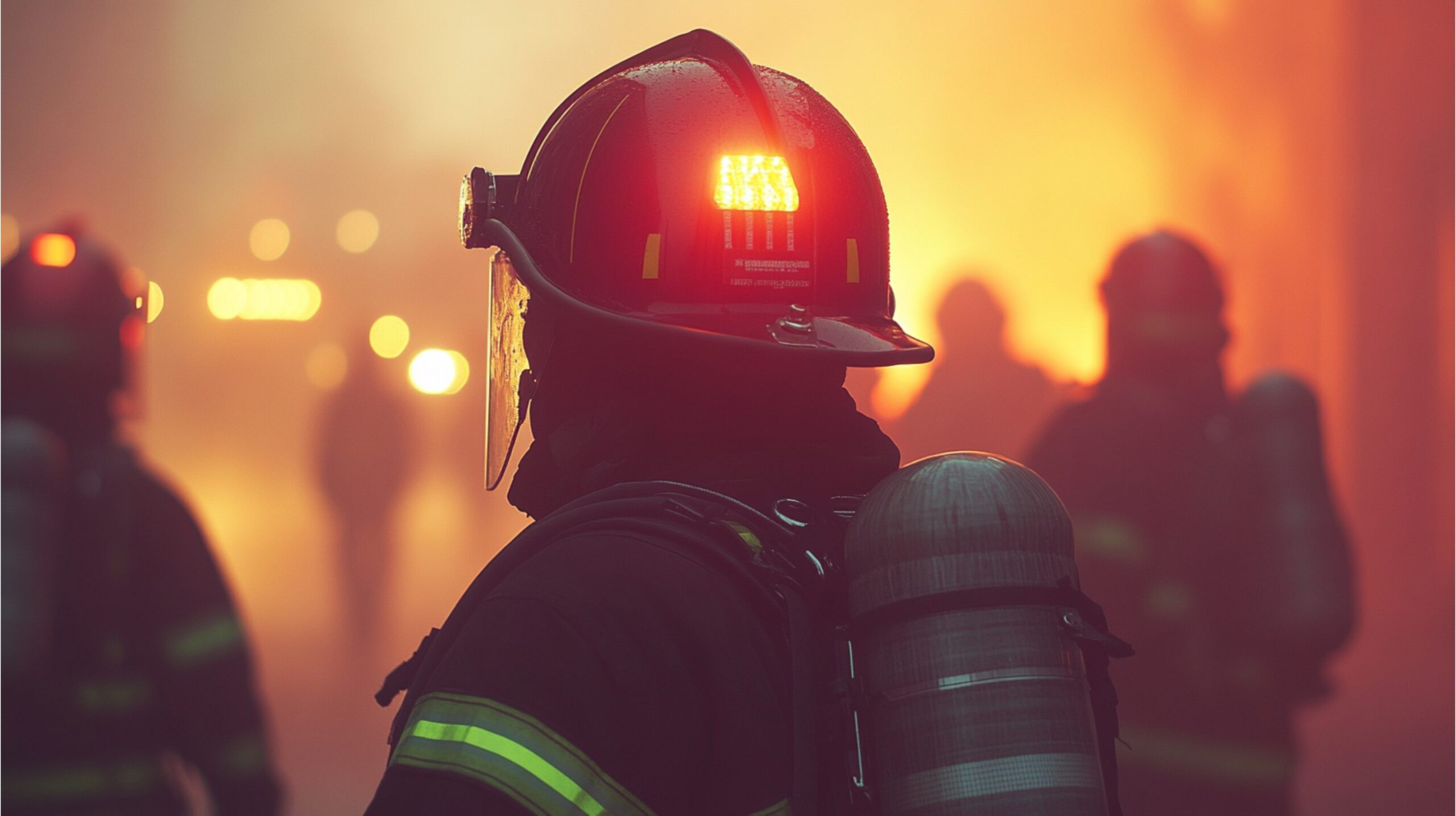 Firefighters in protective gear and helmets work in a smoky, orange-lit environment, likely responding to a fire emergency.