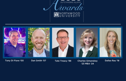 Five Outstanding Alumni award winners from Northwood University are shown in individual headshots, with their names, graduation years, and the 2026 Outstanding Alumni Awards title displayed above them.
