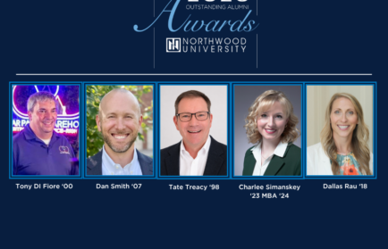 Five Outstanding Alumni award winners from Northwood University are shown in individual headshots, with their names, graduation years, and the 2026 Outstanding Alumni Awards title displayed above them.