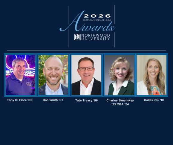 Five Outstanding Alumni award winners from Northwood University are shown in individual headshots, with their names, graduation years, and the 2026 Outstanding Alumni Awards title displayed above them.