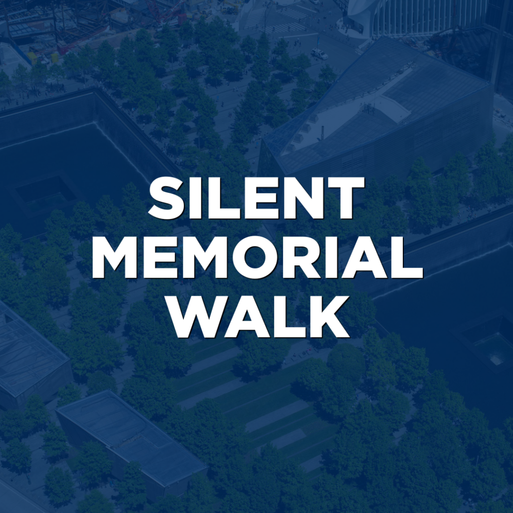 Aerial view of a memorial site with two square reflecting pools and trees, overlaid with the words “Silent Memorial Walk” in bold white text—an event inspired by Northwood Unity.