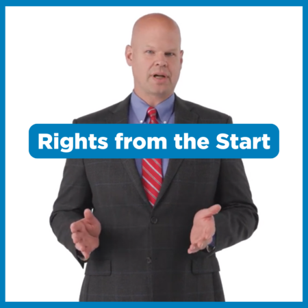 Bald man in a suit and red striped tie stands against a white background, commemorating Constitution Day. Text overlay reads, โRights from the Start.โ.