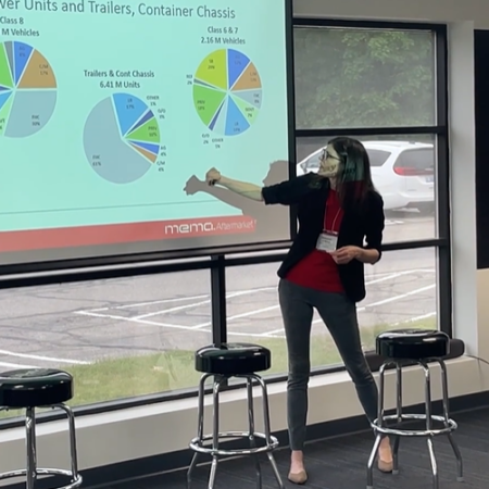 A woman stands and points to a pie chart projected on a screen in a university conference room with three empty barstools and large windows in the background, presenting automotive data to her audience.