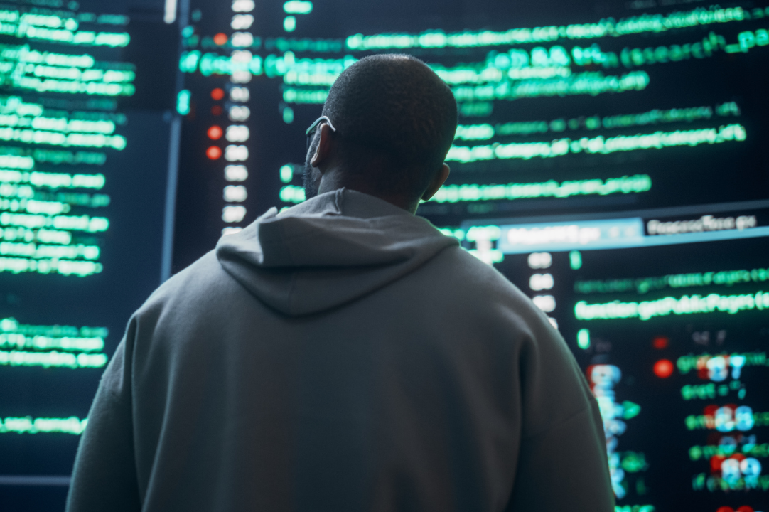 A person in a hoodie stands facing large digital screens displaying green and blue lines of code and data, immersed in the world of information systems and cybersecurity.