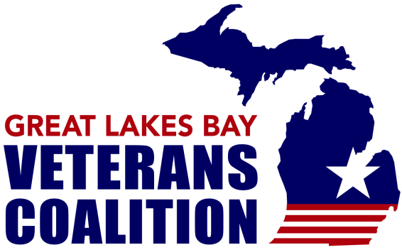 Logo for Great Lakes Bay Veterans Coalition with a blue Michigan map, white star, and red stripes, plus the coalition’s name in red and blue bold text.