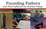 Collage with a statue, an old book on a flag, two bronze figures on a bench, and an oil pumpjack with a flag at sunset. Text above reads: “Books and the Founding Fathers.”.