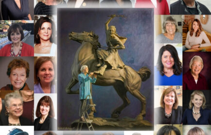 A collage of twenty-four women’s headshots surrounding a central painting of a sculptor working on a campus landmark statue of a person on horseback.