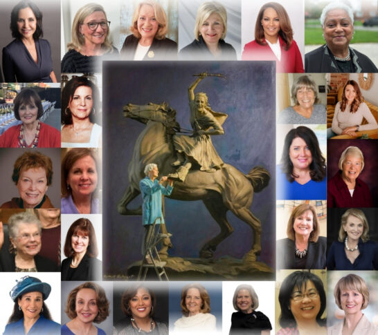 A collage of twenty-four women’s headshots surrounding a central painting of a sculptor working on a campus landmark statue of a person on horseback.