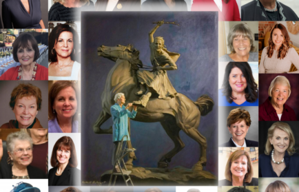 A collage featuring a central painting of an artist sculpting a Northwood campus landmark horse and rider, surrounded by headshots of 25 diverse women representing women empowerment.