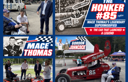 A collage showing race car driver Mace Thomas with his “The Honker #85” supermodified race car, along with vintage photographs and event footage of the vehicle.