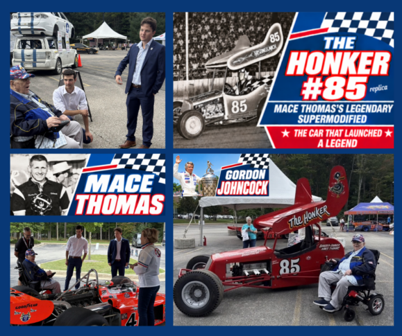 A collage showing race car driver Mace Thomas with his “The Honker #85” supermodified race car, along with vintage photographs and event footage of the vehicle.