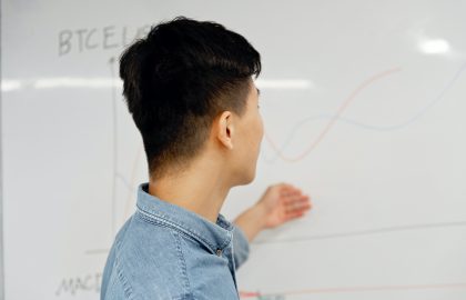 Person pointing at a line graph on a whiteboard while facing away from the camera.