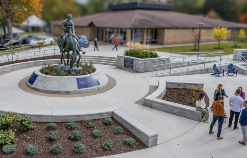 A statue of a person on horseback sits in a plaza, capturing the spirit of the campus for those enjoying a college campus visit. A small group of people stand on a concrete path nearby—perhaps exchanging college visit tips—while a low brick building stands in the background.