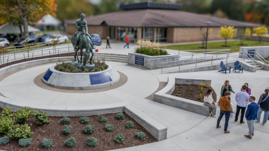 A statue of a person on horseback sits in a plaza, capturing the spirit of the campus for those enjoying a college campus visit. A small group of people stand on a concrete path nearby—perhaps exchanging college visit tips—while a low brick building stands in the background.